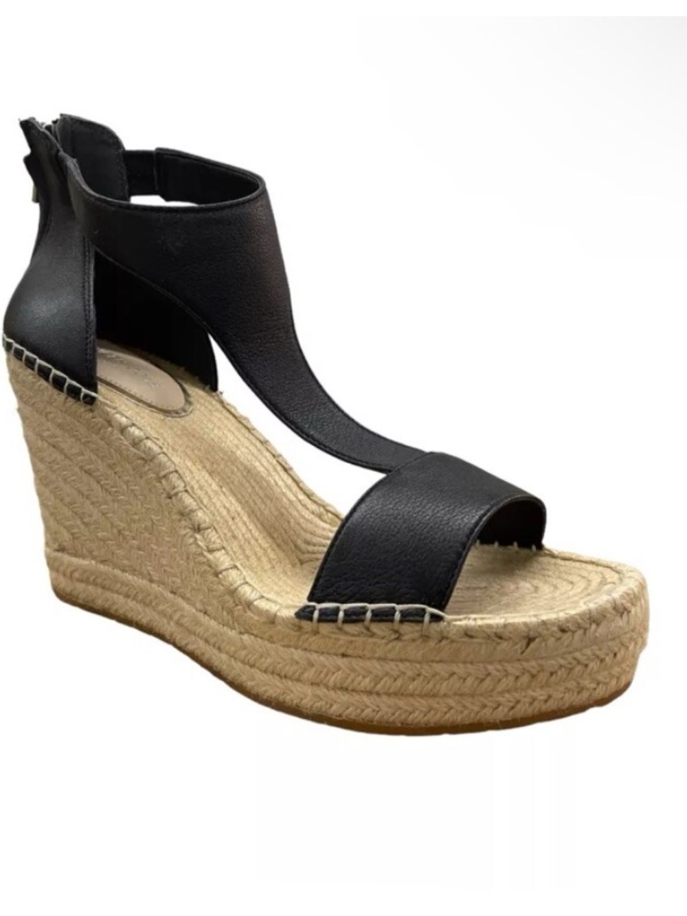 Kenneth Cole Women’s Black Leather Olivia Espadrille Wedge T-Strap Sandals